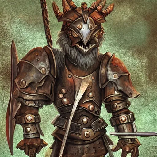 Image similar to d & d, short haired armored bugbear wielding rusty cleaver with chains and a shield, large backpack and and a greatsword wearing mossy rags and a poorly fitted helmet and chestplate