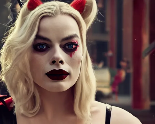 Prompt: Margot Robbie as a harley quinn smoking a cigarette, sexy look, smoke cloud, cinematic, 4k, hyper realistic, super detailed