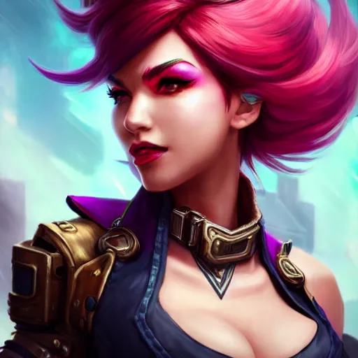 Image similar to portrait of Vi from League of Legends, by Fortiche Studio, by Riot Games, from Netflix's Arcane, trending on artstation,fine details, realistic shaded, fine-face, Steampunk city on the background, red hair, painted texture, pretty face,by Artgerm