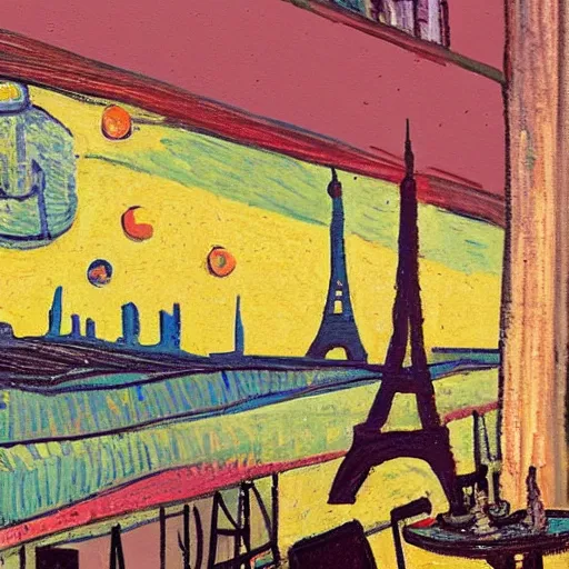 Prompt: a rabbit drinking milk in a paris cafe, eiffel tower visible in the background, in the style of van gogh