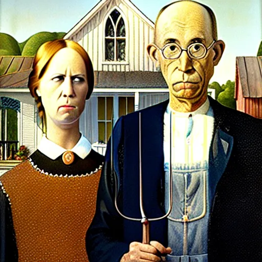 Prompt: fat orange tabby cat and curly haired man in american gothic by grant wood