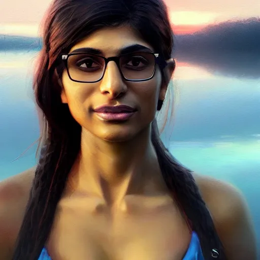 Image similar to a closeup portrait of a mia khalifa, dramatic light, lake background, sunset, dark, painted by stanley lau, painted by greg rutkowski, painted by stanley artgerm, digital art, trending on artstation