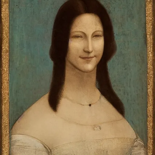 Image similar to a portrait of a woman with a mysterious smile. She is wearing a white dress and her hair is pulled back. Her eyes are slightly downcast, and she has a small mouth in style DaVinci