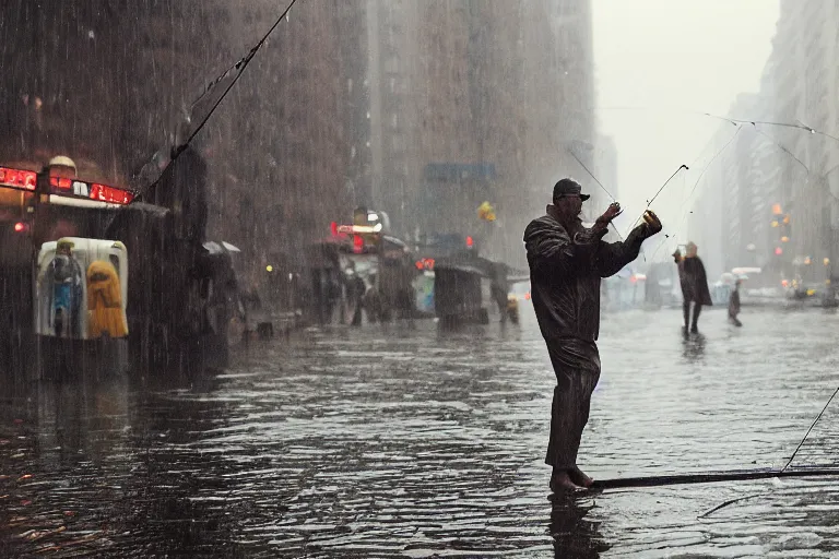 Image similar to fisherman with fishing rods catching and holding fish in a rainy new york street, photograph, natural light, sharp, detailed face, magazine, press, photo, Steve McCurry, David Lazar, Canon, Nikon, focus