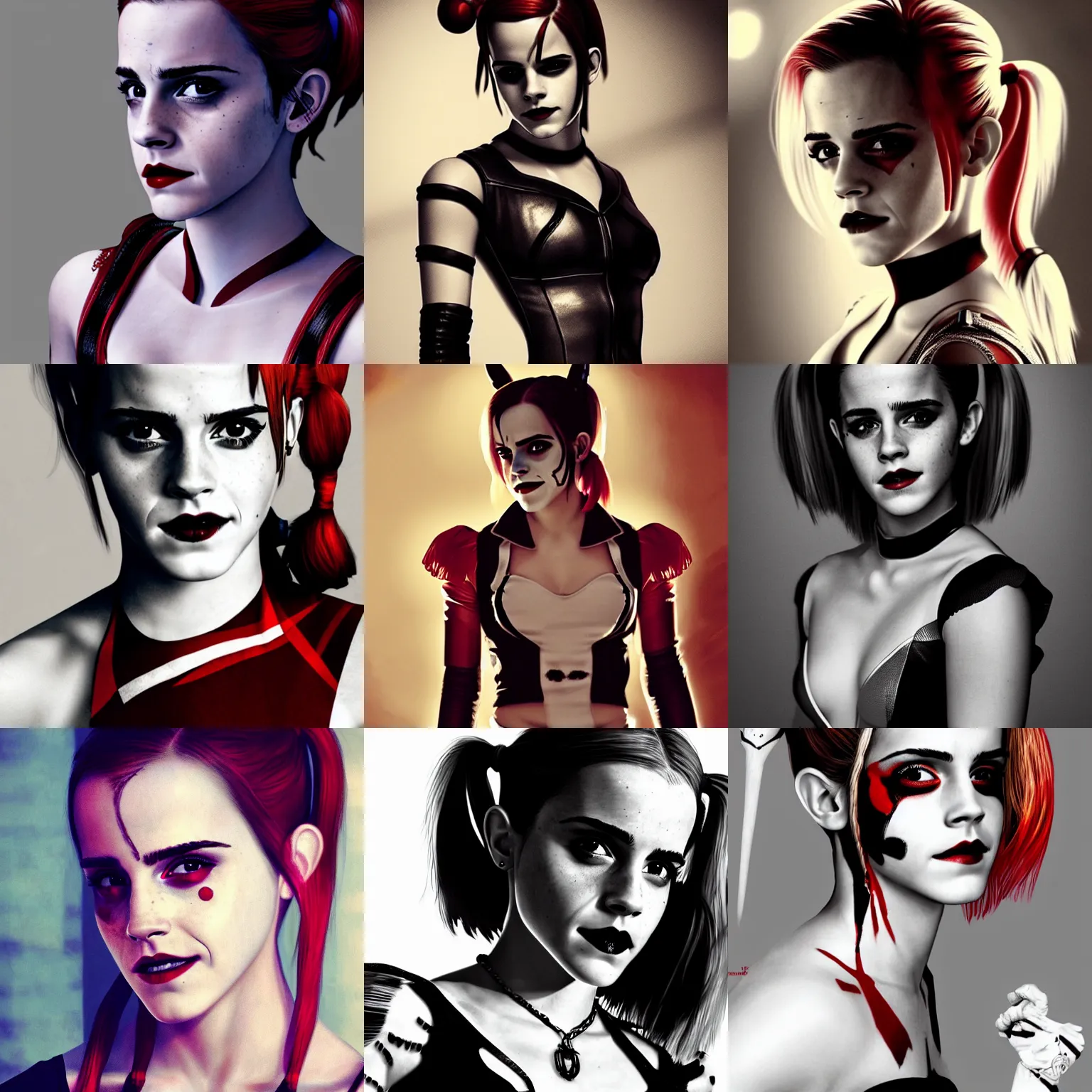 Prompt: emma watson as harley quinn, photorealistic art, full figure, intricate detailing, high definition, cinematic lighting