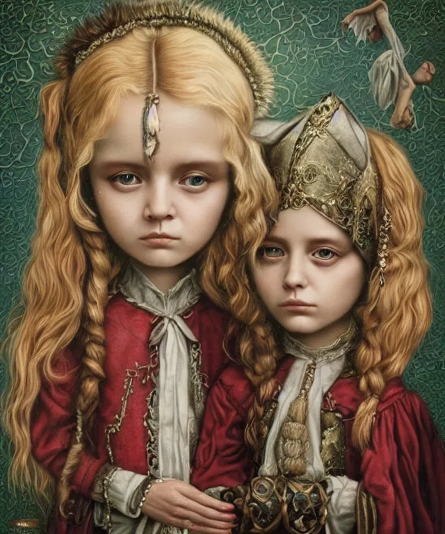 Image similar to epic fantasy portrait of sisters Olsen, lowbrow painting by Mark Ryden