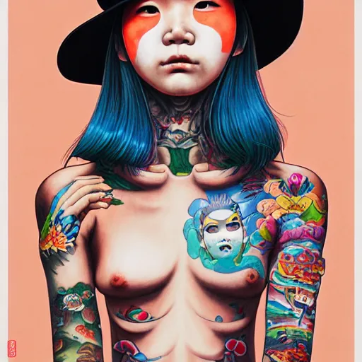 Image similar to full view, from a distance, of taiwanese girl with tattoos, wearing a cowboy hat, style of yoshii chie and hikari shimoda and martine johanna and edward hopper and james gilleard and zdzislaw beksisnski, highly detailed