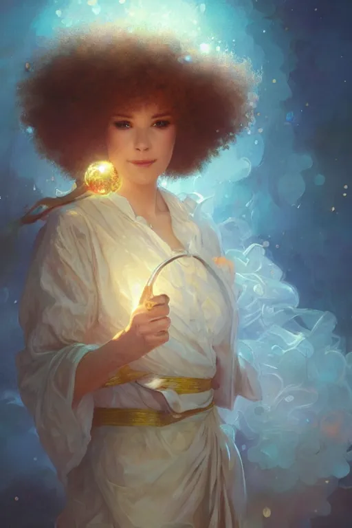 Image similar to bob ross, dreamy and ethereal,, fantasy, intricate, elegant, rainbow bubbles, highly detailed, digital painting, artstation, concept art, smooth, sharp focus, illustration, art by artgerm and greg rutkowski and alphonse mucha