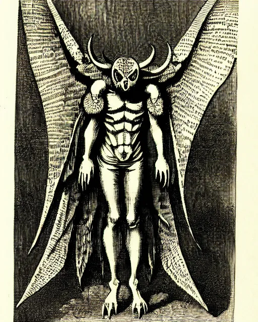 Prompt: illustration of mothman as a demon lord from the dictionarre infernal, etching by louis le breton, 1 8 6 9, 1 2 0 0 dpi scan