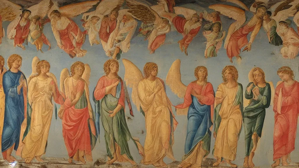 Prompt: people worshiping an angel. fresco art