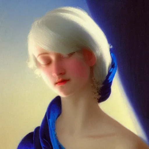 Image similar to a young woman's face, her hair is white and she wears an indigo blue satin cloak, by ivan aivazovsky and syd mead and moebius and gaston bussiere and roger dean and pieter claesz and paul delaroche and alma tadema and aelbert cuyp and jan heem, hyperrealistic, volumetric light, octane render