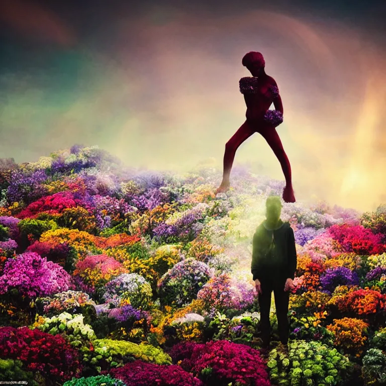 Image similar to a planet of various flowers, fungus and plants, in which the singular human figure is dressed in something magical and impressive, inside the picture is infinity, sunset light, Atmospheric phenomenon, artistic photography, muted colors, conceptual, long exposure outside the city, volumetric light