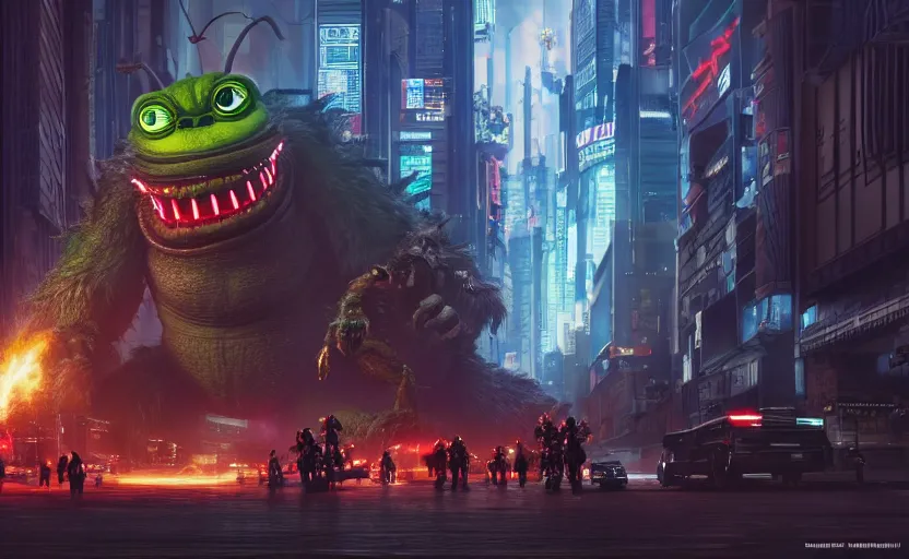 Image similar to cyberpunk godzilla yoda donkey kong pikachu yeti shrek super robot homer groot waluigi darth vader mike wazowski, highly detailed, extremely high quality, hd, 4 k, 8 k, professional photographer, 4 0 mp, lifelike, top - rated, award winning, cinematic, realistic, detailed lighting, detailed shadows, sharp, no blur, edited, corrected, trending