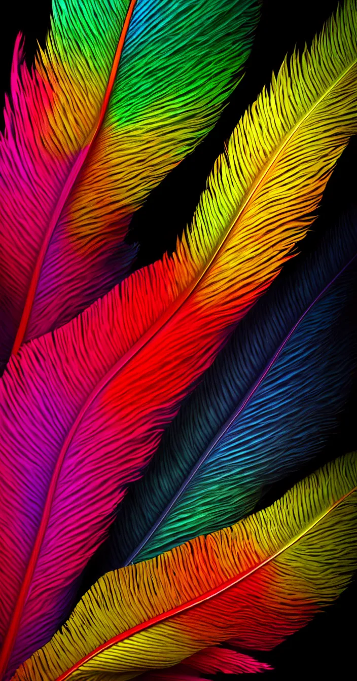 Prompt: realistic photo of colorful one big feather, high colored texture, dark smooth background, very sharp focus, 3 d octane render, in the style of greg rutswoski, very hyper realistic, highly detailed, fantasy art station