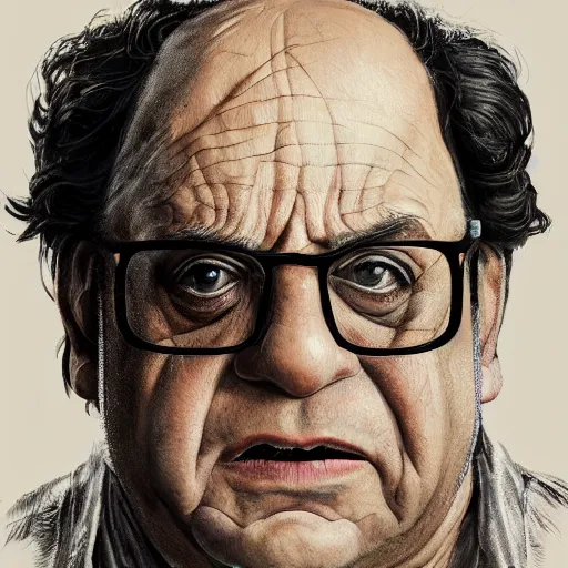Prompt: a professionally painted portrait of Danny Devito, clothed in ancient battle armor, wrinkled skin, curly black hair, round glasses, scar across face, intricate, elegant, digital painting, trending on Artstation, concept art, smooth, sharp focus, illustration, from Metal Gear by Ruan Jia and Mandy Jurgens and Artgerm and and william-adolphe bouguerea, award winning