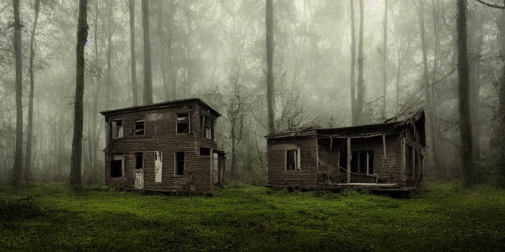 Image similar to an abandoned and decrepit wooden house in a lush forest, architectural photography, dark and dim lighting, beautiful, tranquil, moody, cinematic, fantasy, 3 5 mm lens, volumetric lighting, first person view, photographic render, hyper realistic