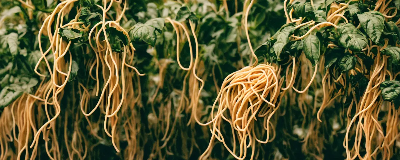 Image similar to zoomed in shot of spaghetti growing off a plant, on a bountiful farm, canon 5 0 mm, cinematic lighting, photography, retro, film, kodachrome