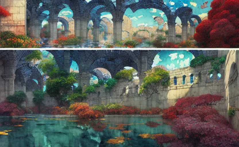 Image similar to tiled room squared waterway, aqueducts, fantasy. intricate, amazing composition, colorful watercolor, by ruan jia, by maxfield parrish, by marc simonetti, by hikari shimoda, by robert hubert, by zhang kechun, illustration, gloomy