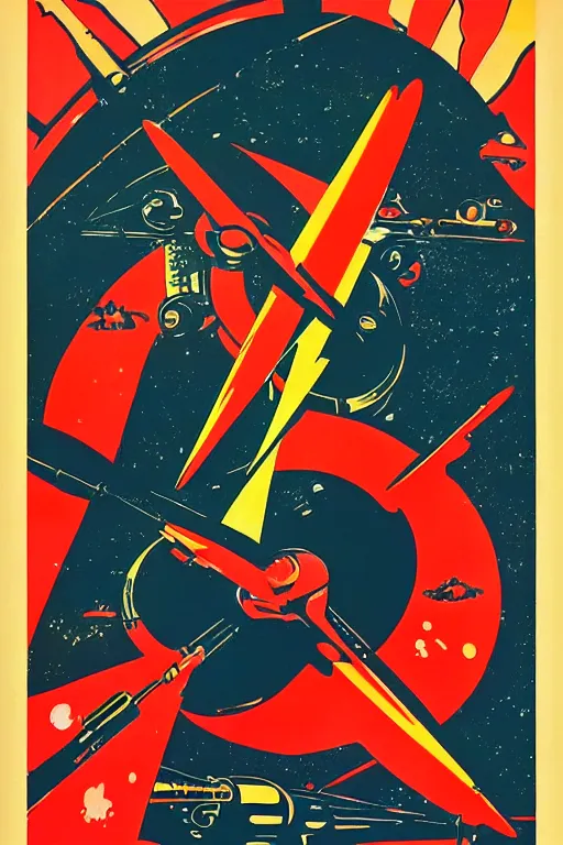 Image similar to propaganda poster of intergalactic war, 1 9 5 0 s style, futuristic design, dark, symmetrical, washed out color, centered, art deco, 1 9 5 0's futuristic, glowing highlights, intense