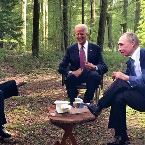 Prompt: joe biden smoking a fat blunt with obama and putin in the woods