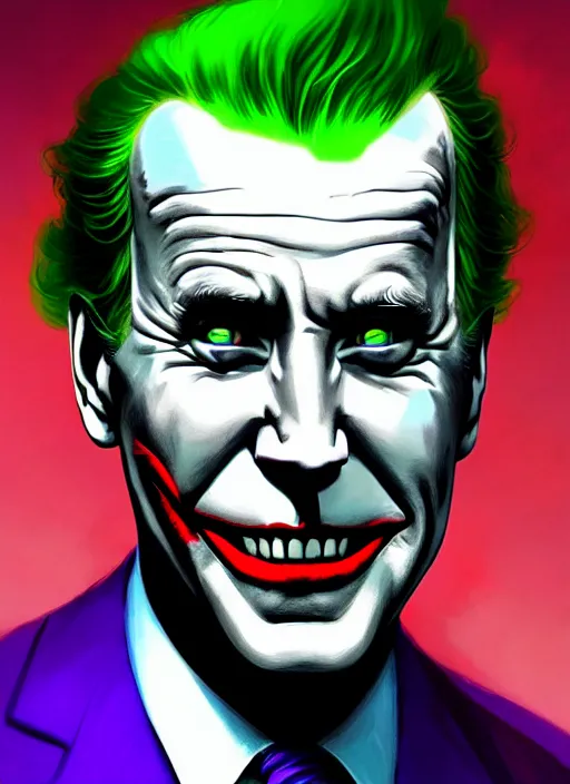 Image similar to portrait of joe biden as the joker, green hair, intricate, elegant, glowing lights, highly detailed, digital painting, artstation, concept art, sharp focus, illustration, art by wlop, mars ravelo and greg rutkowski