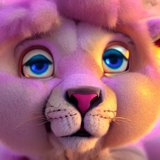 Image similar to a cute baby lion, big eyes, soft fur texture, pastel colours, colorful, glitter crystals, cute, pixar animation style, detailed, soft light, octane render, 4 kb - w 6 4 0