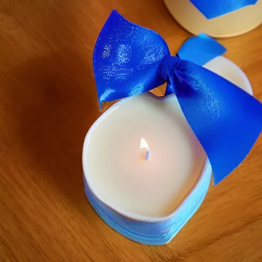 Prompt: heart shaped candle with blue ribbon, macro, realistic, very detailed