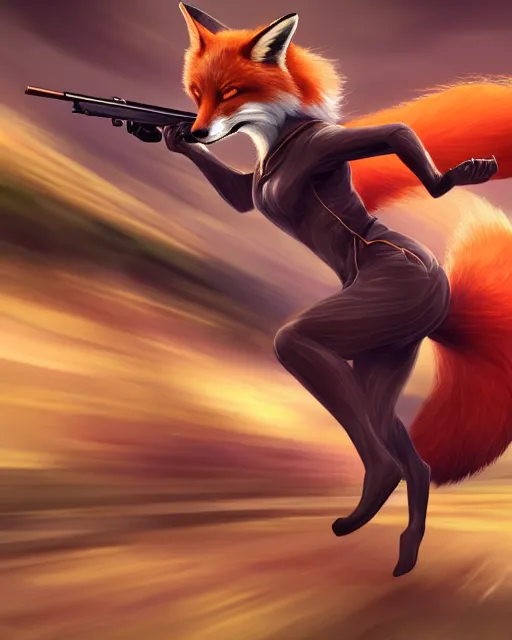 Prompt: a beautiful, dynamic illustration of an anthropomorphic fox woman shooting her winchester rifle while running. art by gauthier leblanc, kazuya takahashi, huifeng huang, trending on artstation, award - winning, perfect composition, motion blur.