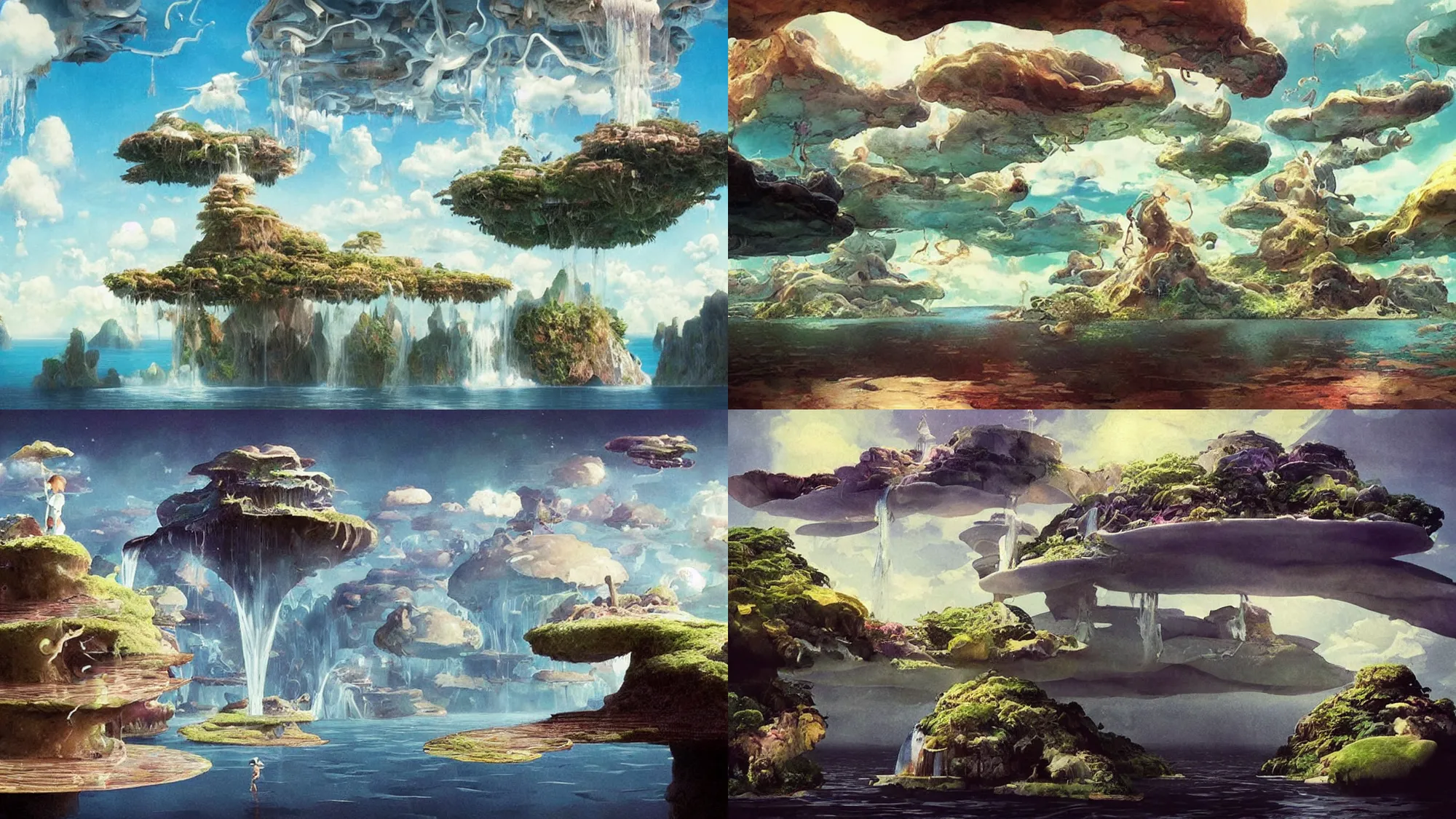 Prompt: floating islands with waterfalls connecting each other whimsical surrealism, based on child's drawing, lsd trip, dream recording, deep - space imaging, art by salvador dali, greg rutkowski studio ghibli