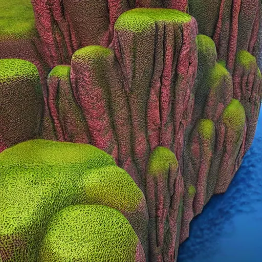 Image similar to digital art of a lush natural scene on an alien planet by lurid ( 2 0 2 2 ). beautiful landscape. weird vegetation. cliffs and water. grainy and rough. interesting colour scheme. soft warm colours. painting from high quality 3 d render. absurd.