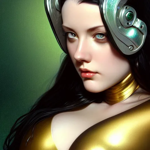 Prompt: angelawhite in metalhead, close up, green eyes, dark hair, brown metal, silver and gold, by artgerm, terada katsuya, alphonse mucha, detailed, intricate details, ultra realistic, octane rendering, trending on artstation, hd, masterpiece, uplight