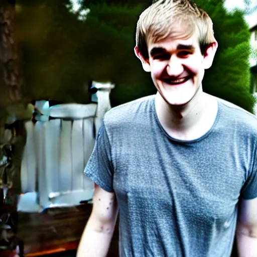 Image similar to bo burnham outside of his house, smiling and dancing