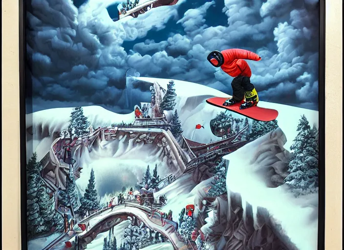 Image similar to snowboarding into another dimension, lowbrow, matte painting, 3 - d highly detailed, in the style of mark ryden,