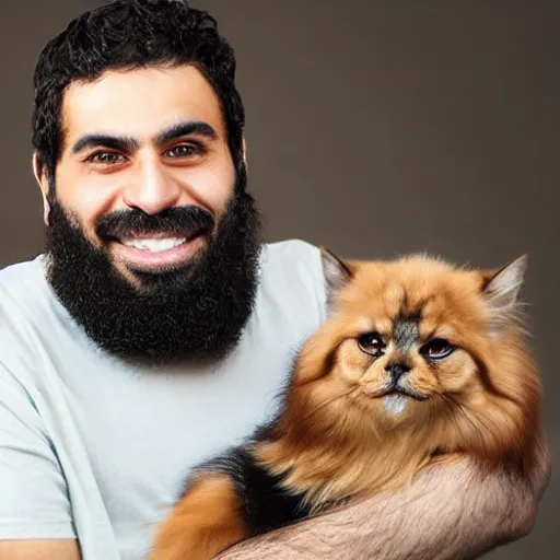 Prompt: half persian man, holding a dog