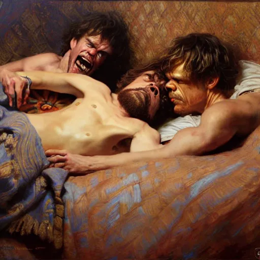 Image similar to peter dinklage is in his bed, nervous and terrified, because a kevin bacon is attacking him. highly detailed painting by gaston bussiere, j. c. leyendecker, greg rutkowski, craig mullins 8 k