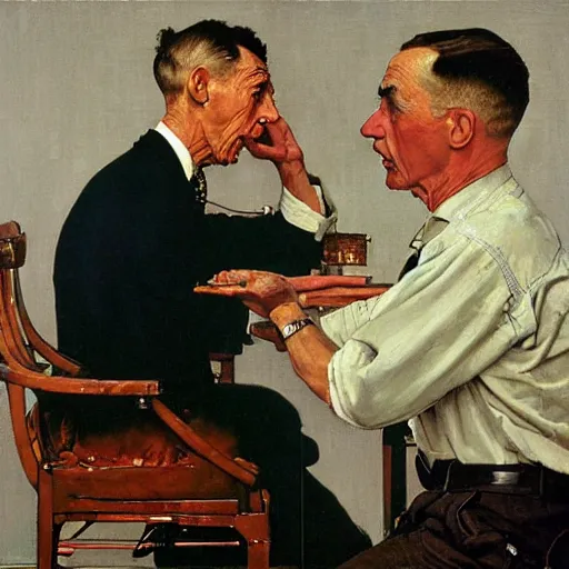 Prompt: an oil painting of two gentlemen arguing , by Norman Rockwell