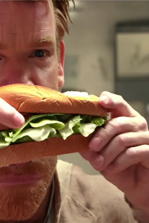Image similar to A cinematic photo of Ewan McGregor eating sandwich