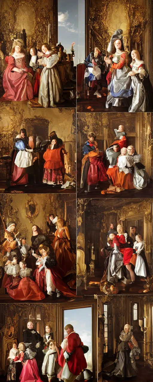 Image similar to oil paint border less of family portrait in the main room of the castle, dark room, one point of light trough a big window. baroque style 1 6 5 0, high details on clothes, realistic faces and expressions, space between subjects inspired by diego velasquez