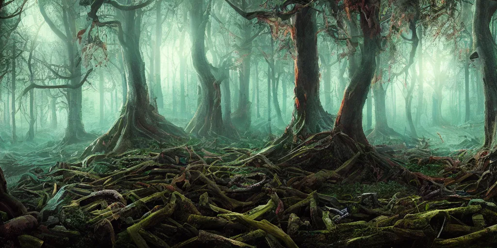Prompt: Artwork by Filip Hodas of the cinematic view of the Forest of Horror.