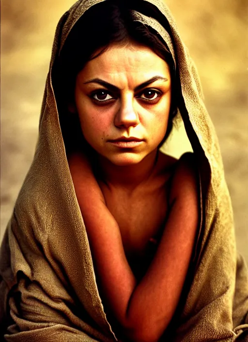Image similar to portrait of mila kunis as afghan girl, photograph by steve mccurry
