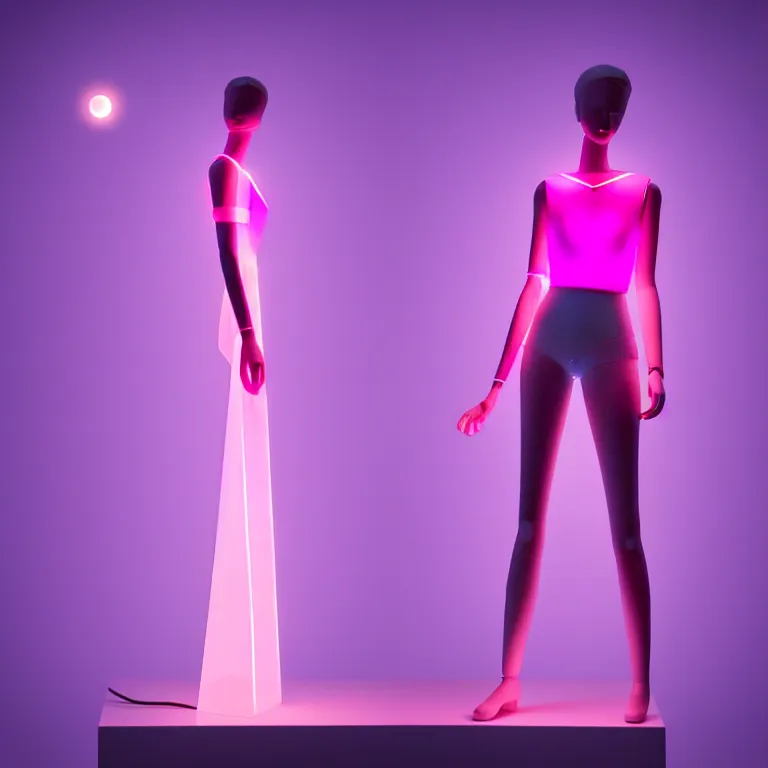 Image similar to beautiful mannequin sculpted out of amethyst by billelis + lit with 3 d geometric neon + doorway opening with neon pink geometric light + hosta flowers!!!, moon in background!!!!!!, rule of thirds, clean linework, dramatic, award winning, 4 k, trending on artstation, photorealistic, volumetric lighting, octane render