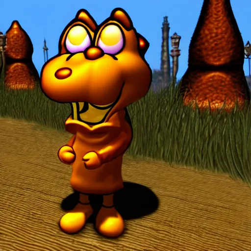 Image similar to garfield drinking from a vase in morrowind, retro pc graphics, video game screenshot