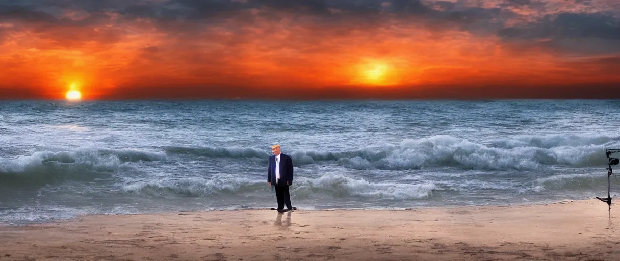 Prompt: donald trump at the beach, mordor looming behind the sunset 4 k, hd, explosive, colorfull