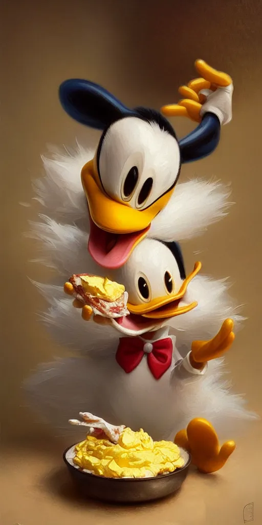 Prompt: realistic photography of a terrified donald duck eating scrambled eggs, deep focus, intricate, elegant, highly detailed, digital painting, artstation, concept art, matte, sharp focus, illustration, art by artgerm and greg rutkowski and alphonse mucha