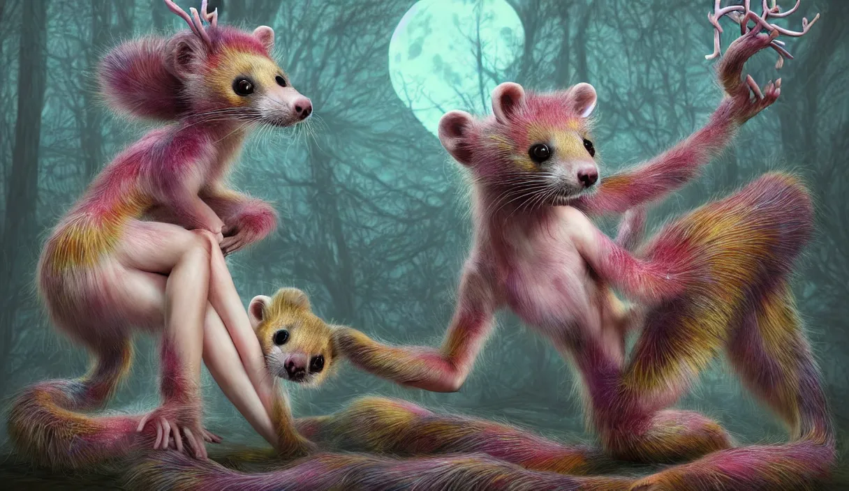 Image similar to hyper detailed 3d render like a Oil painting - kawaii full body portrait Aurora (a lithe beautiful furry ferret fae queen like skesis that looks like Anya Taylor-Joy with hooves and tiny antlers curled up about to sleep) seen playfully tall at photoshoot in UVIVF posing in scaly dress to Eat of the Strangling network of yellowcake aerochrome and milky Fruit and His delicate Hands hold of gossamer polyp blossoms bring iridescent fungal flowers whose spores black the foolish stars by Jacek Yerka, Ilya Kuvshinov, Mariusz Lewandowski, Houdini algorithmic generative render, Abstract brush strokes, Masterpiece, Edward Hopper and James Gilleard, Zdzislaw Beksinski, Mark Ryden, Wolfgang Lettl, hints of Yayoi Kasuma, octane render, 8k