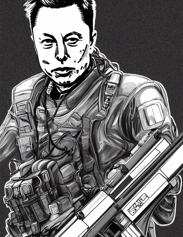 Image similar to a detailed manga illustration of elon musk in tactical gear, trending on artstation, digital art, 4 k resolution, detailed, high quality, sharp focus, hq artwork, coherent, insane detail, character portrait