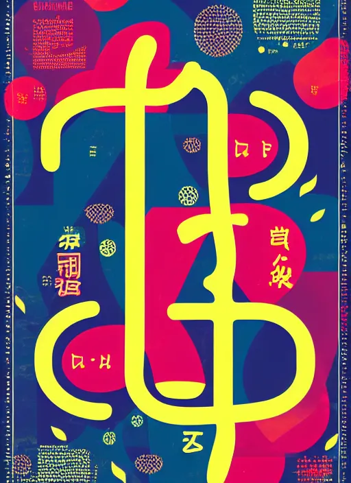 Prompt: poster design with bright and colourful vintage typographic Japanese katakana, layout design, illustrator vector graphics