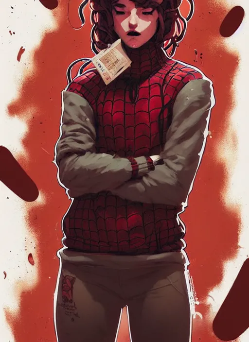 Image similar to highly detailed portrait of a sewer spiderman, tartan hoody, ringlet hair by atey ghailan, by greg rutkowski, by greg tocchini, by james gilleard, by joe fenton, by kaethe butcher, gradient red, brown, cream and white color scheme, grunge aesthetic!!! ( ( graffiti tag wall background ) )