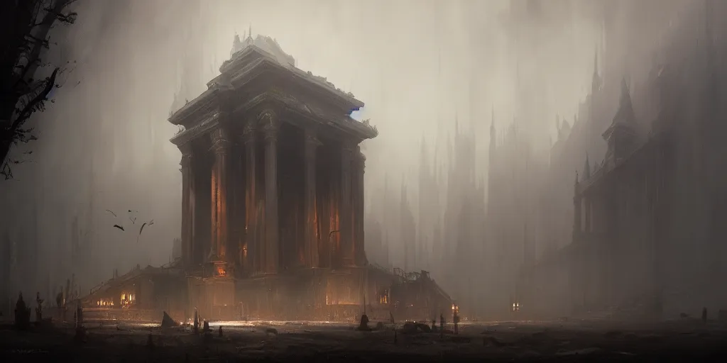 Prompt: Hyper realistic painting depicting temple of an eldrich god, horror, fog, dark fantasy, volumetric lighting, by greg rutkowski, trending on artstation