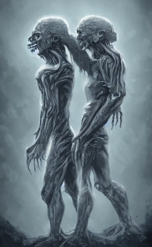 Prompt: full body portrait of of a two headed monster smiley creepily, dynamic lighting, photorealistic, fantasy concept art, ambient lighting, atmospherical, stunning visuals, creative, cinematic, ultra detailed, trending on art station